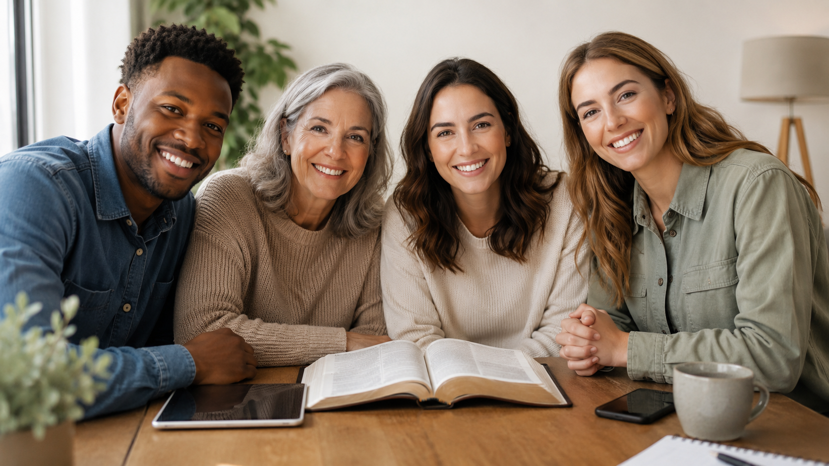 A group of four people studying together around an open Bible at a wooden table.